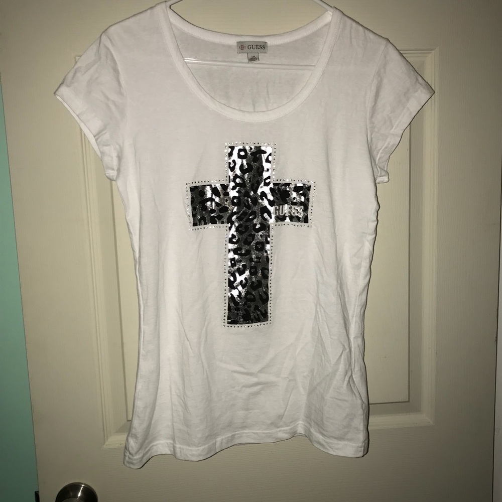 NWOT Guess Cross Cheetah Print White Tee